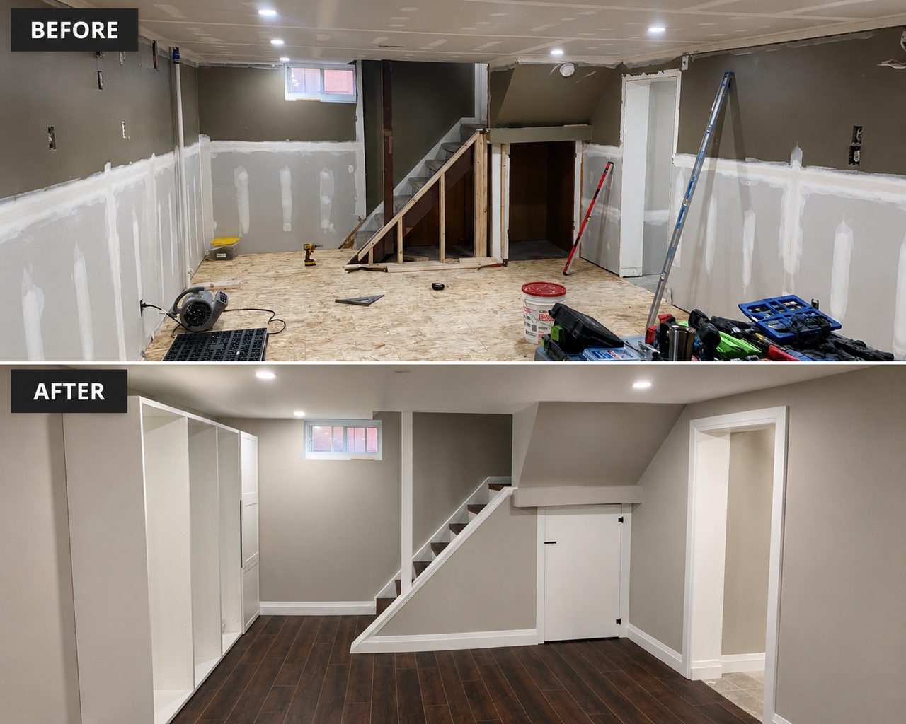 Before and after of a basement — bare framing and subfloor transformed into finished living space with dark hardwood and white trim