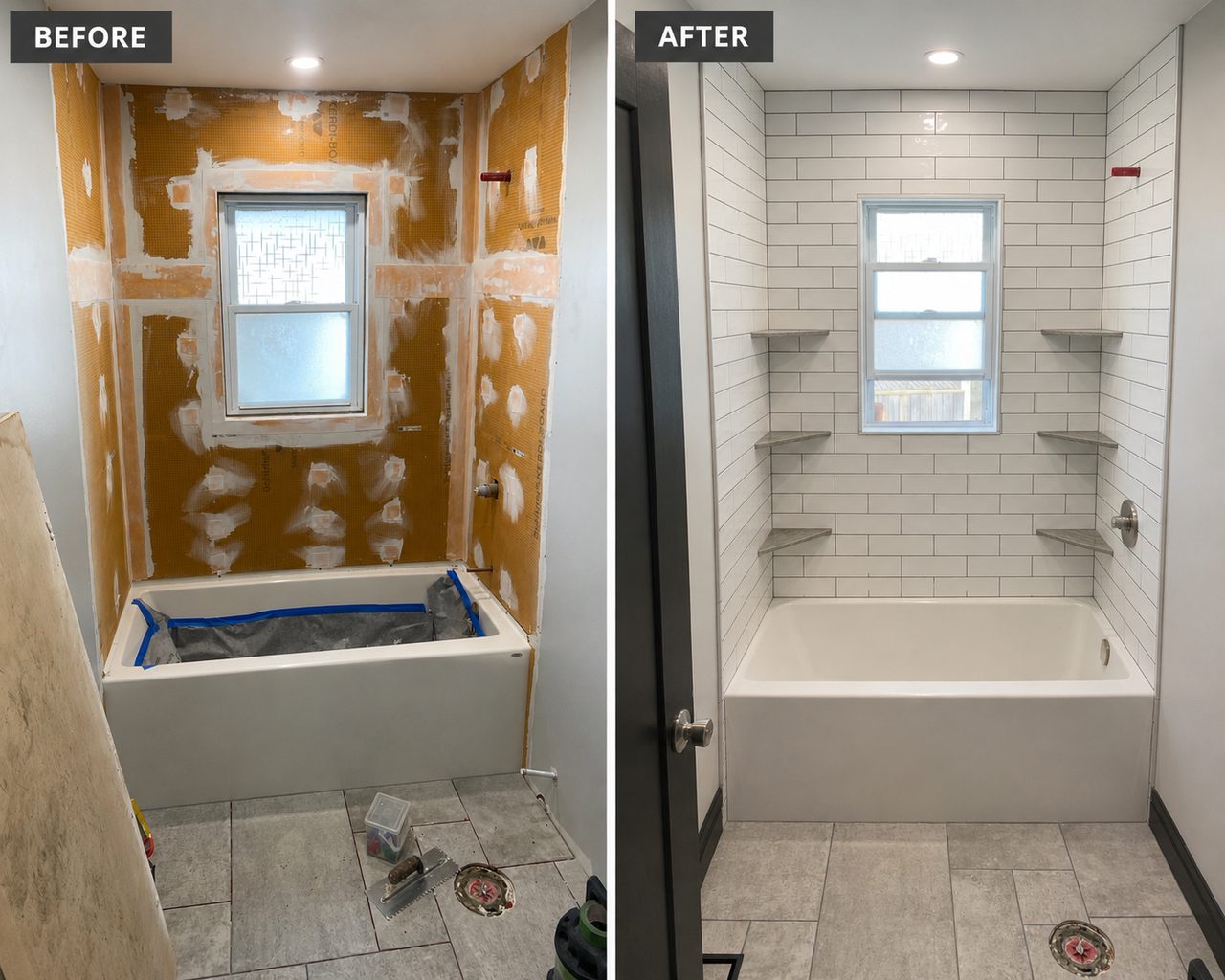 Before and after of a bathroom — bare backer board transformed into a white subway-tile tub surround with built-in shelves