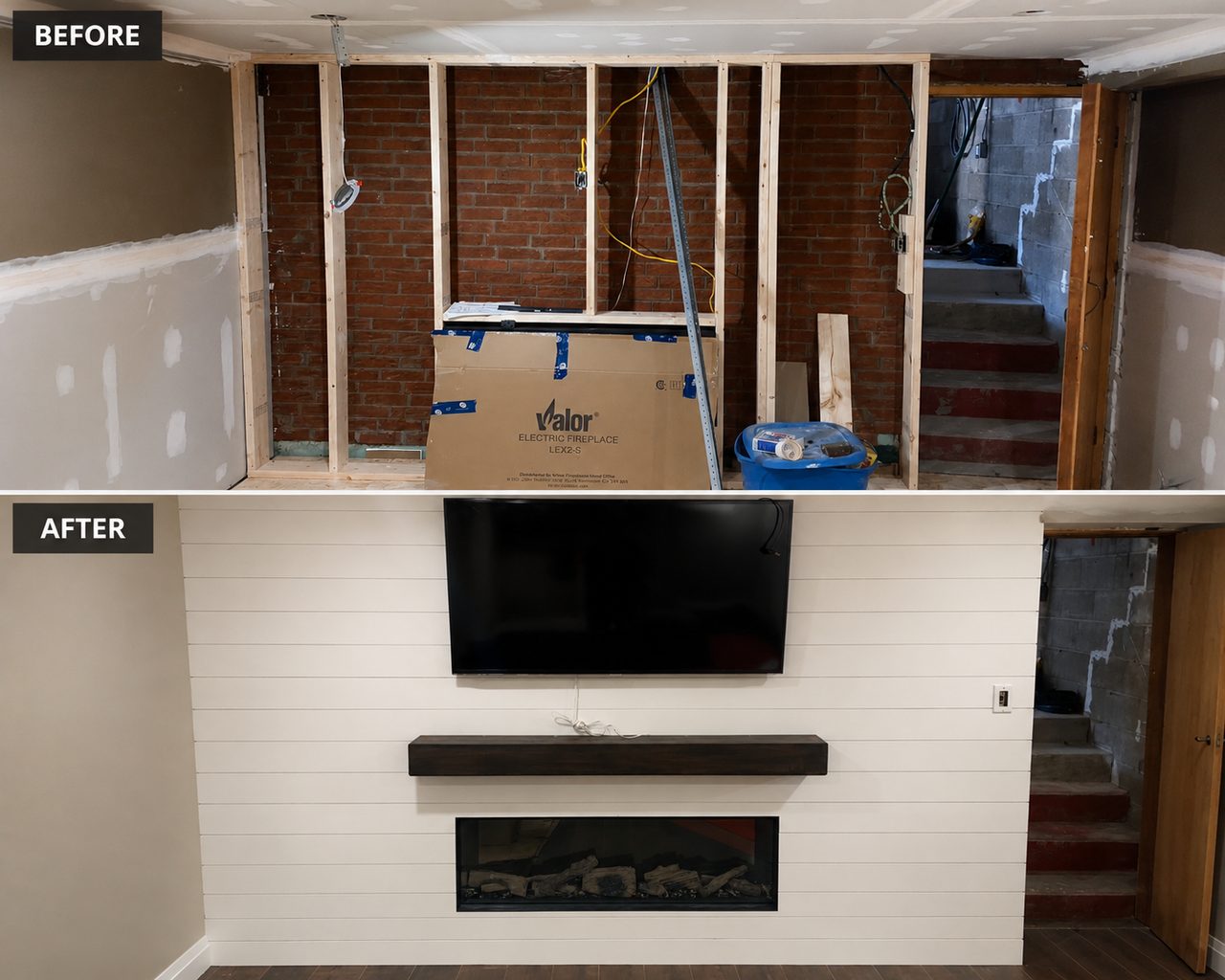 Before and after of a feature wall — exposed framing and brick transformed into a white shiplap wall with built-in linear fireplace and floating mantel
