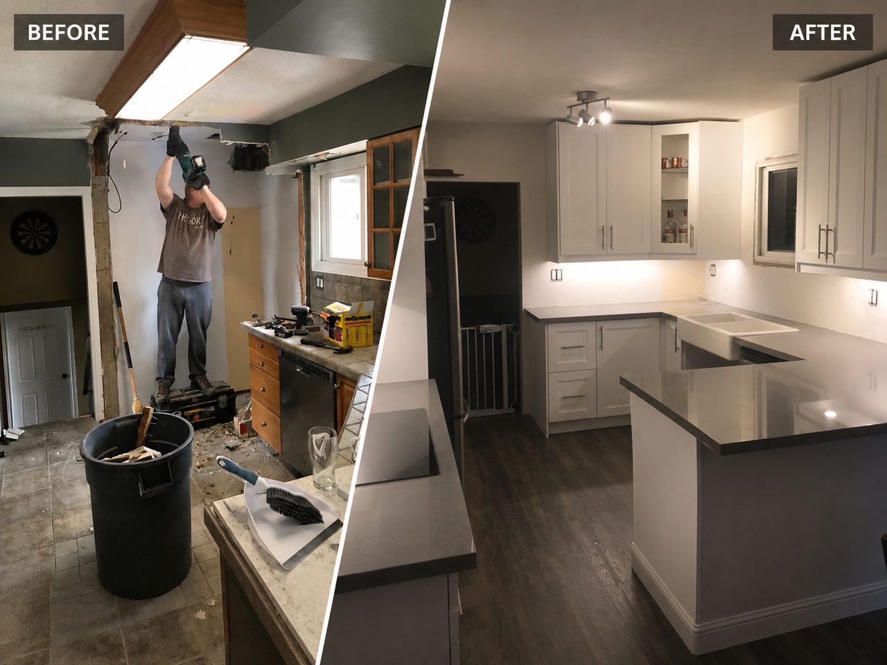 Before and after of a full kitchen renovation — dated kitchen transformed into a bright white kitchen with quartz counters and hardwood floors