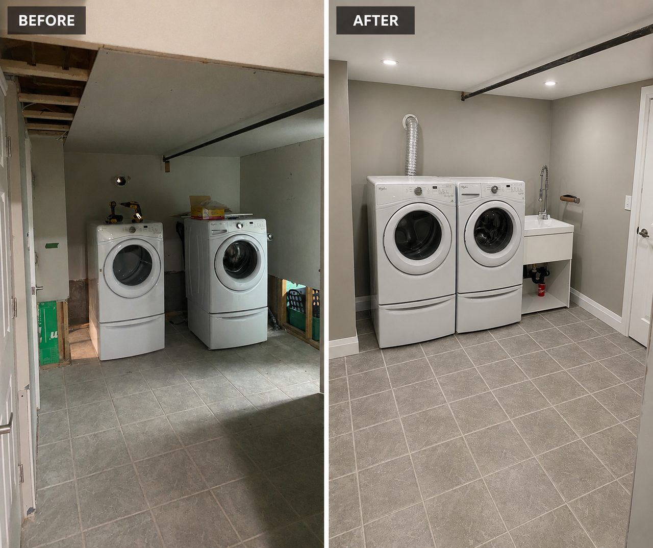 Before and after of a laundry room — rough unfinished space transformed into a tidy tiled laundry room with utility sink and pot lights